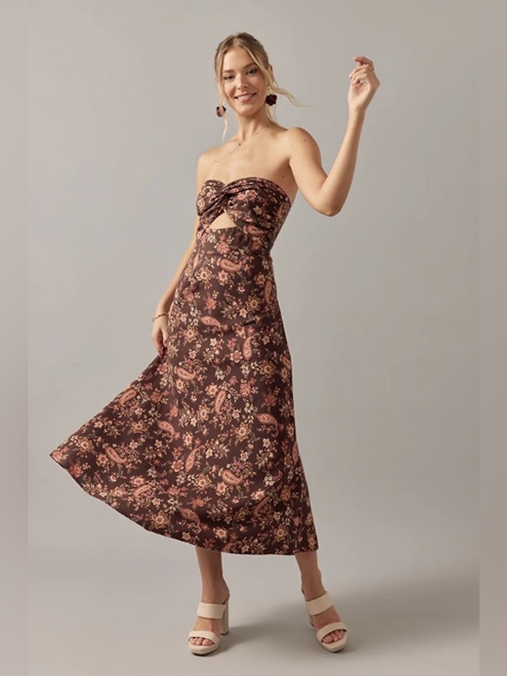 Francesca’s Holly Strapless Front Twist Floral Midi Dress Large